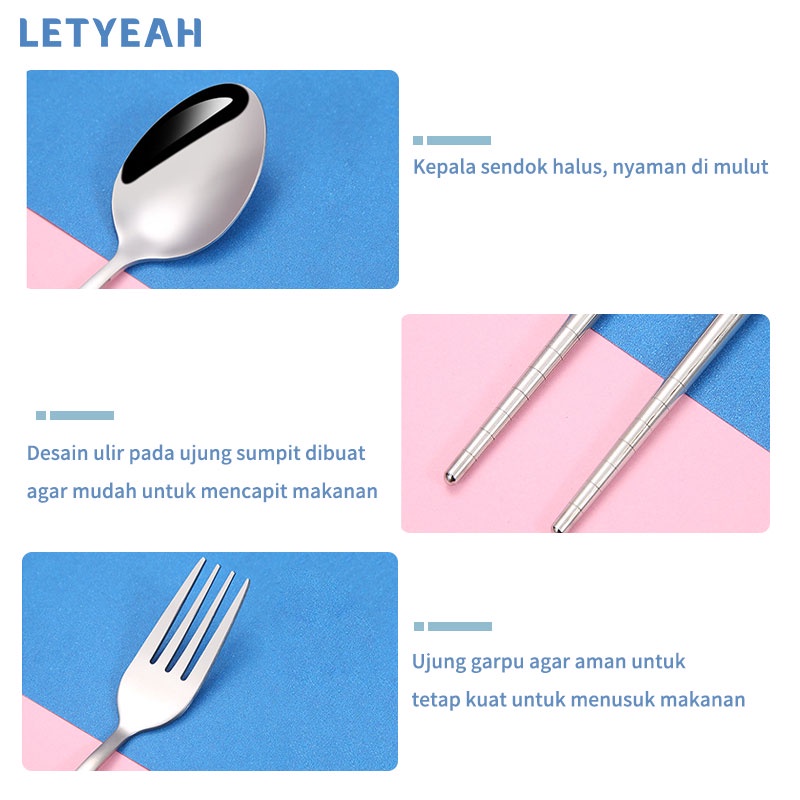 letyeah lunch box set anti tumpah 2200 ml/cutlery set stainless 3 in 1/kotak makan 3 susun kapasitas tinggi