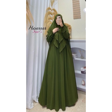 Gamis syari hasanah bahan ceruty baby doll premium full furing / busui / resleting-Army