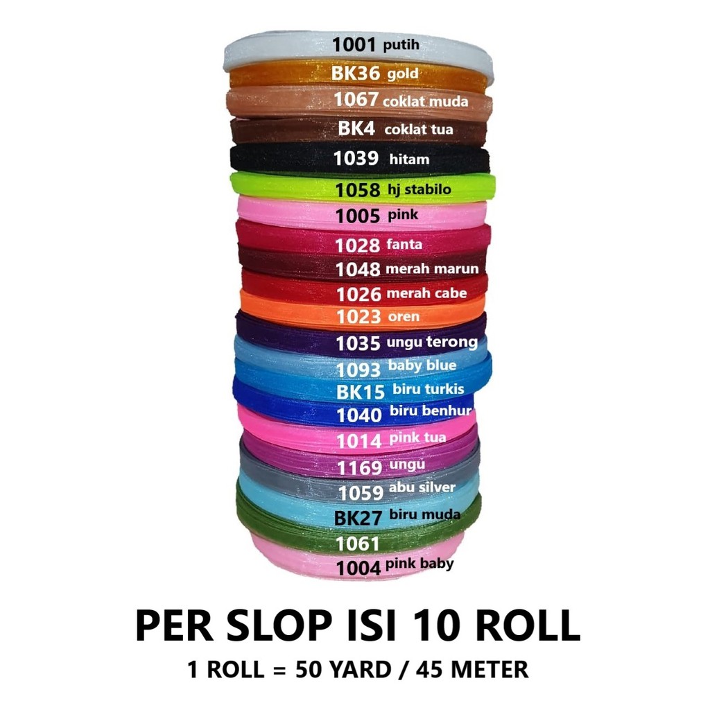 Pita Organdi Polos 1/4&quot; /0,6 cm (10 roll x 50 yard) Grosir Obral Cuci Gudang Pita Kado 1/4 inch