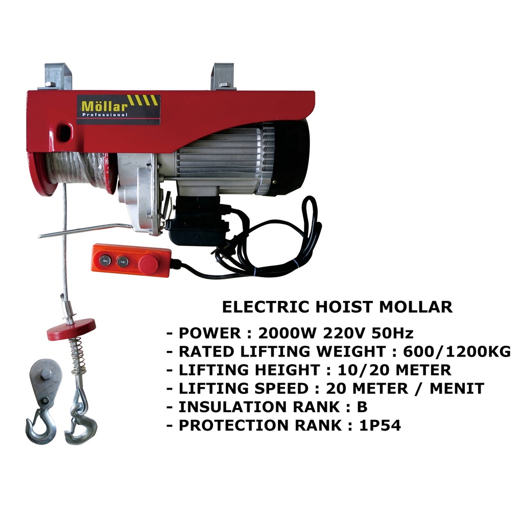 Electric Hoist MOLLAR HST600/1200 2000Watt - Katrol Listrik 12 Meter 1200Kg / Hoist Katrol Elektric 12M