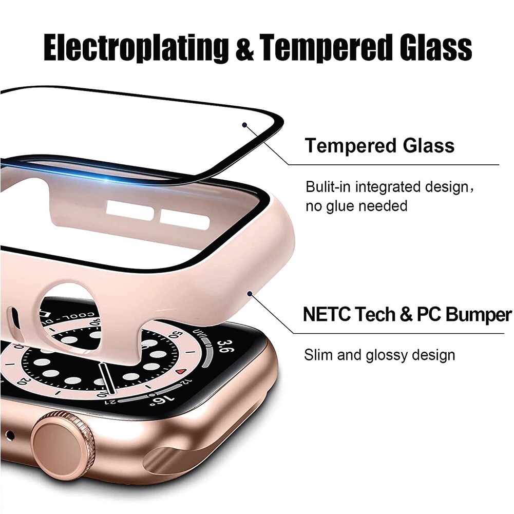 Hardcase + Screen Protector Tempered Glass For Apple Watch Bumper case iWatch pelindung Series 1 2 3 4 5 6 7 8 9 SE 38 40 42 44 41 45mm