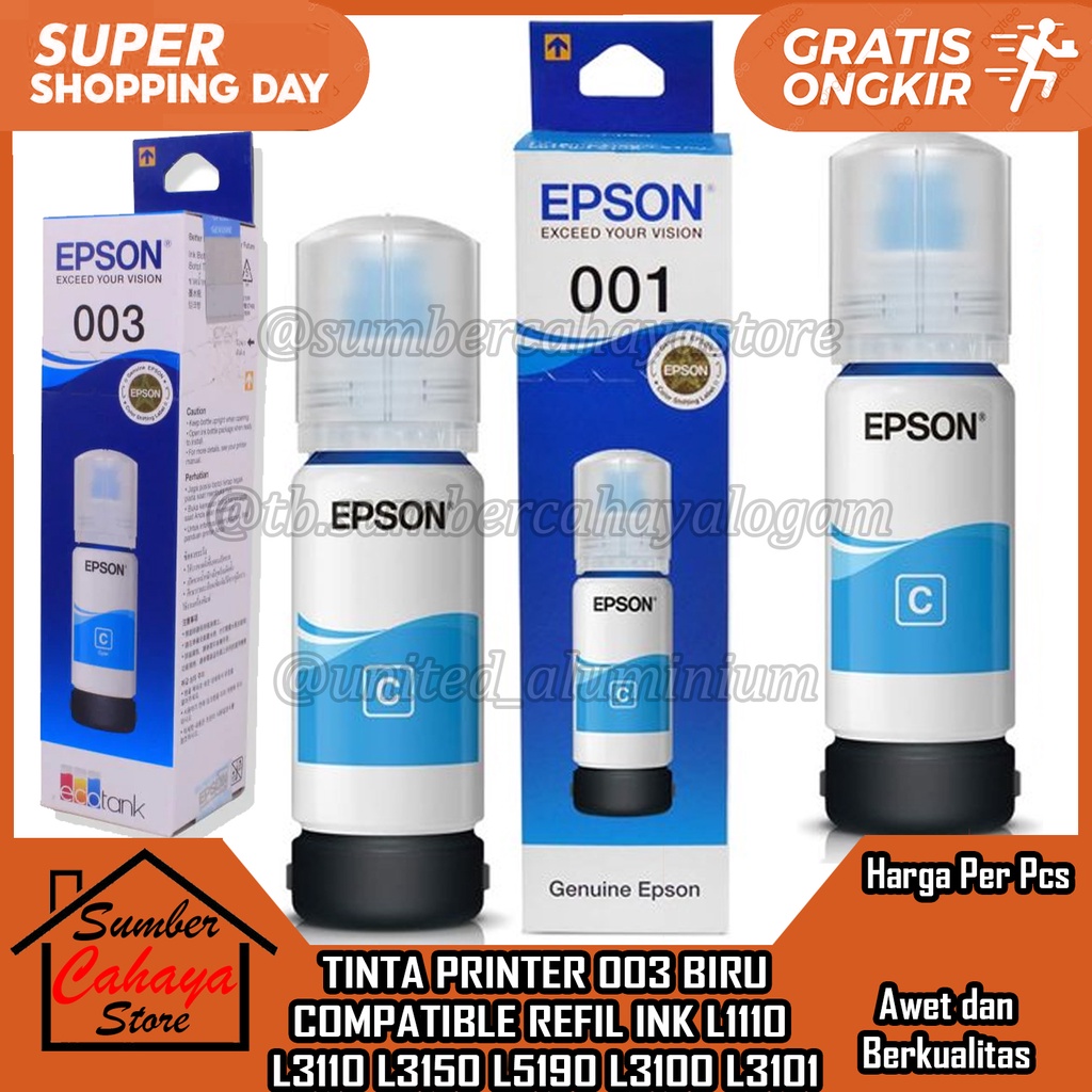 TINTA EPSON ECOTANK 003 CYAN BIRU REFILL BOTOL INK PRINTER L1110 L3110 L3150 L5190 L3100 L3101 ORIGI