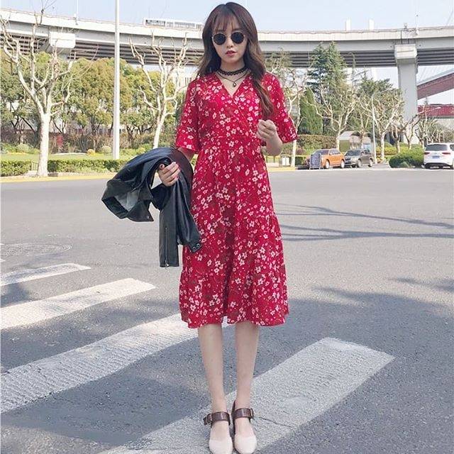 KA93 ELLEN DRESS RED/ BAJU TERUSAN MERAH BUNGA IMLEK WANITA IMPORT HONGKONG GAYA KOREA SALE