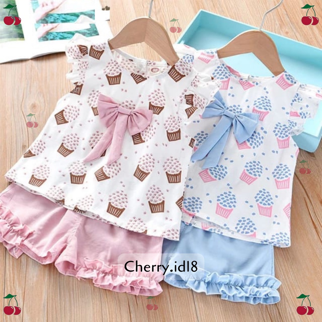 Cherry COD Setelan Anak Perempuan Motif Popcorn Pita / Baju Anak Perempuan / Setelan Baju Anak Cewek SP05