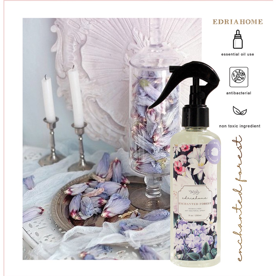 Edriahome Room and Linen Spray Enchanted Forest 250 ML/ Spring in Provence Series/ Anti Bacterial/ Multipurpose Room and Pillow Spray / Fabric Spray / Bed Spray /  Pillow Spray /  Laundry Spray / Odor Eliminator / Pengharum Ruangan dan Kain