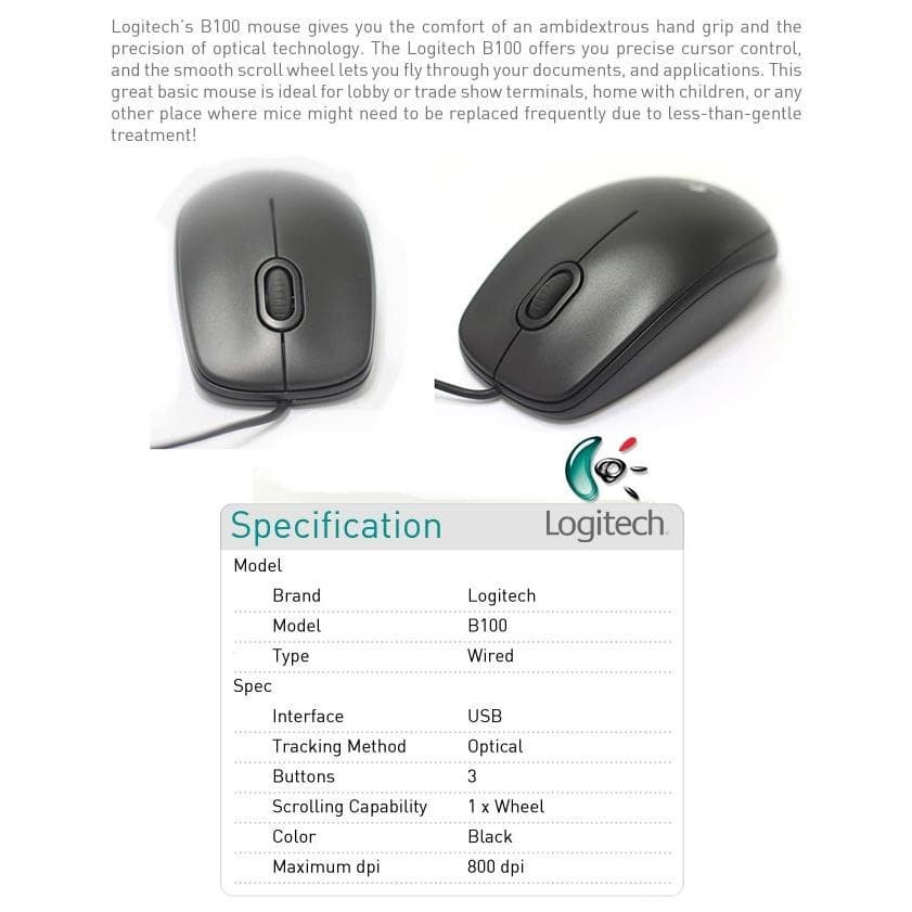 Mouse Logitech B100 ORIGINAL USB KABEL