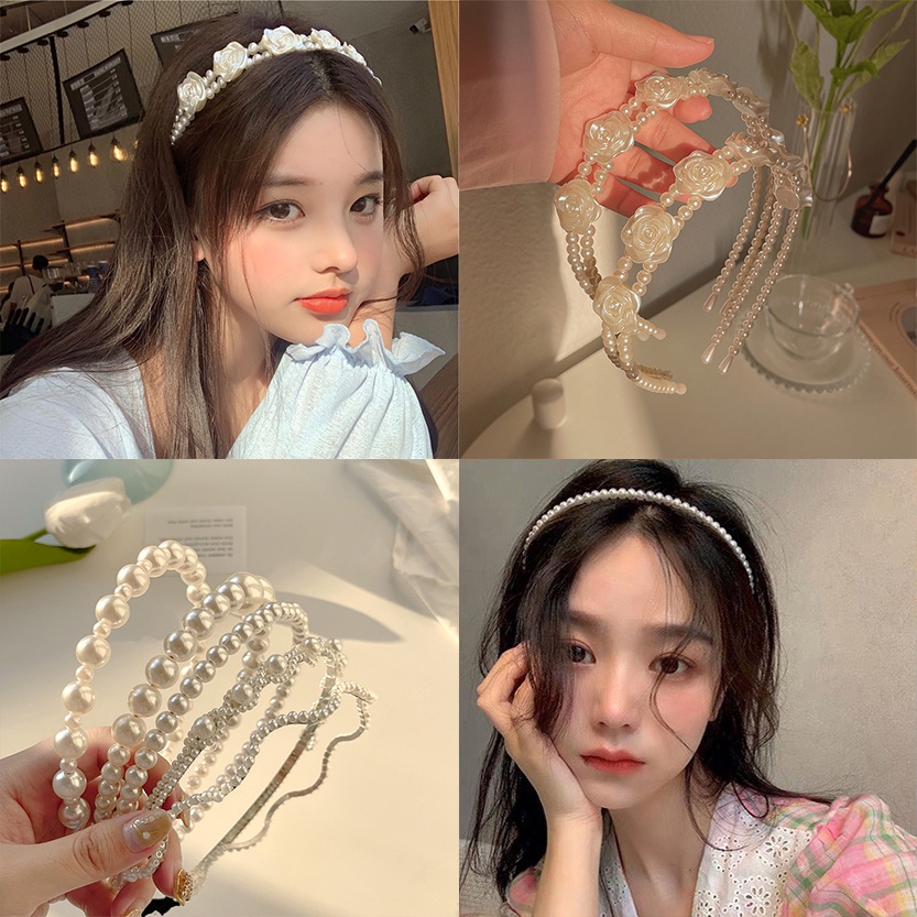 Bandana Rambut Desain Bunga Hias Kristalmutiara Gaya Korea Untuk Wanita