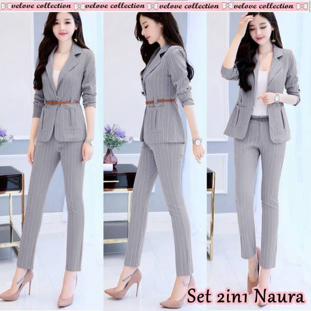 Set 2in1 naura - setelan import gaya korea model blazer motif salur - baju wanita kerja kantor