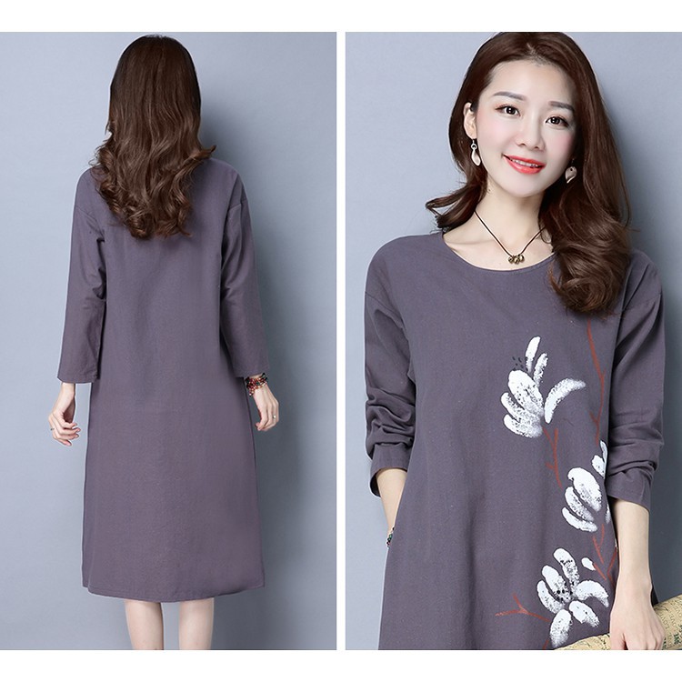 Dress Lengan Panjang Casual Model Longgar Gaya Vintage Versi Korea Bahan Katun Linen untuk Wanita