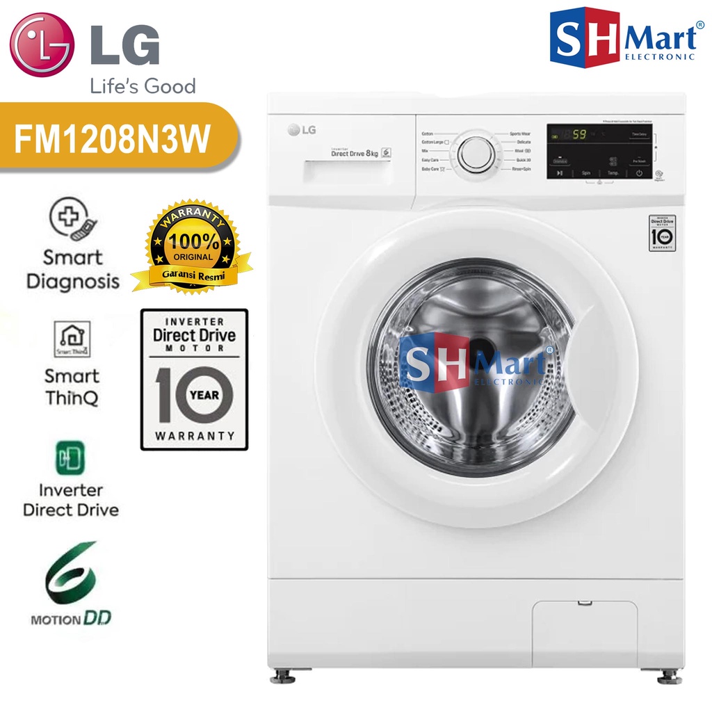 MESIN CUCI LG FRONT LOADING KAPASITAS 8 KG FM1208N3W INVERTER GARANSI RESMI