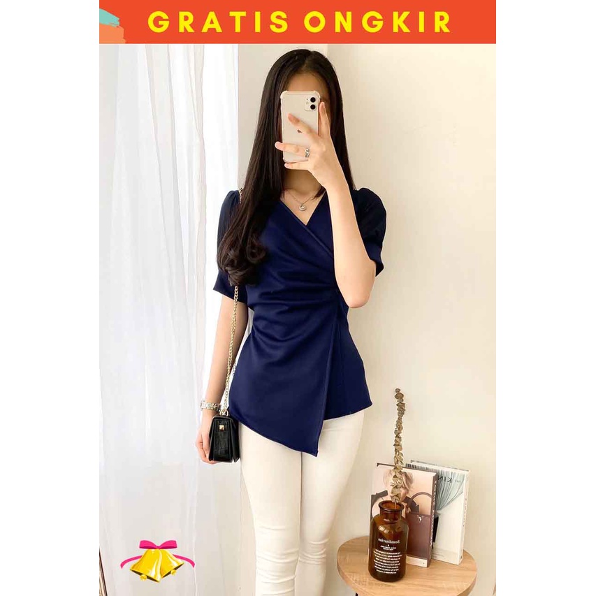 COTTONBELLS ATASAN CASUAL WANITA SCUBA KEIZA PLAID V TIED TOP (AL - B 12583)-6