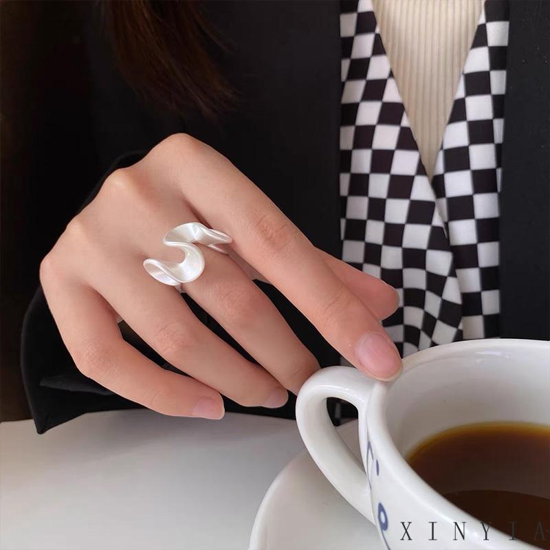 Xia.id Cincin Model Terbuka Adjustable Desain Ombak Hias Zircon Matte Untuk Wanita