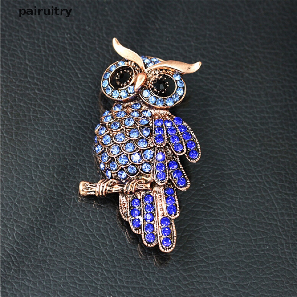 Prt Bros Pin Bentuk Burung Hantu Emas Aksen Berlian Imitasi Biru Gaya Vintage PRT