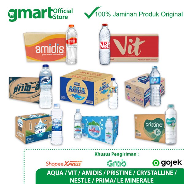 

Air Mineral Kemasan 600ml (Aqua/Amidis/Pristine/Crystalline/Nestle/Vit/Prima/Leminerale) INSTANT