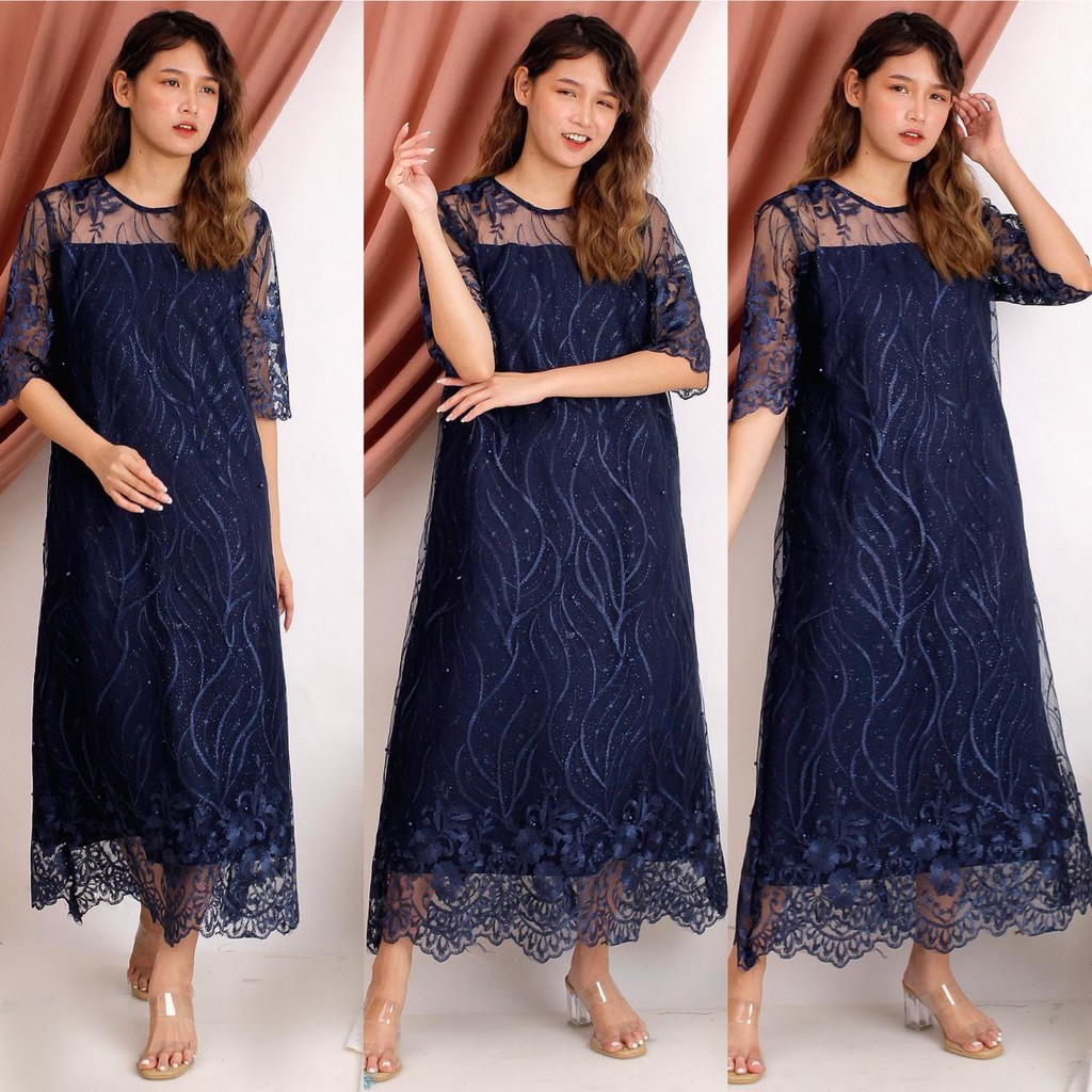 Diana Long Dress Brukat Tile Bordir Gliter Mutiara Brokat Tulle Dres Pesta 7 WARNA TERMURAH