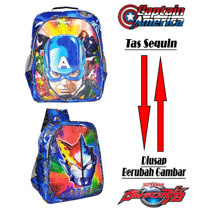 TAS RANSEL USAP 2 GAMBAR KARAKTER CAPTAIN AMERICA - ULTRAMAN ANAK SEKOLAH TK / SD TAS SEQUIN