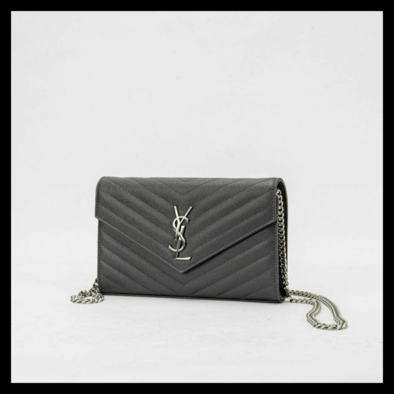 Jual Dompet Wanita YSL Saint Laurent WOC Wallet Chain 22cm Color Storm Black SHW. Branded Original