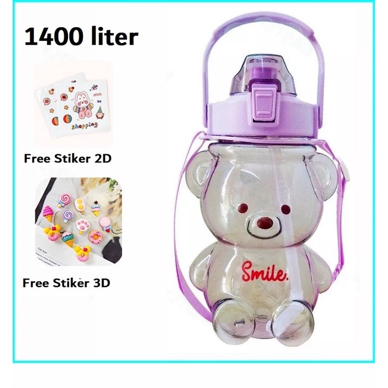 botol minum 1 liter 2 liter viral Kawaii Bear Straw Bottle Beruang 3D Transparan 1400 Liter