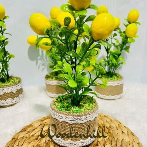 furniture hiasan rangkaian bunga buah lemon plastik artifisial dengan pot goni yg lucu , unik dan aesthetic