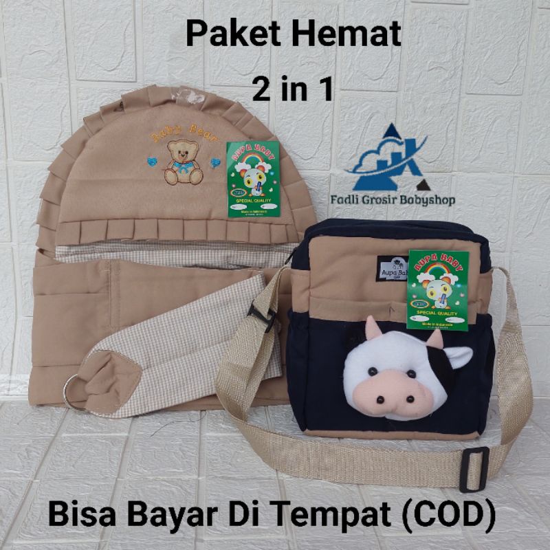 Tas Bayi Boneka Sapi Dan Gendongan Bayi Samping Topi Bordir (2 in1)