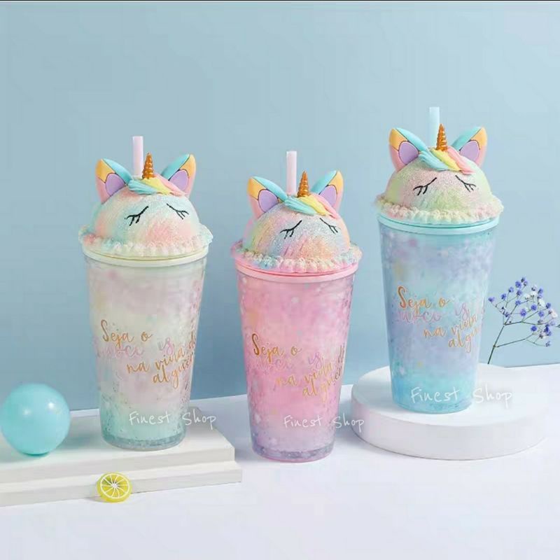 Tumbler Unicorn Gelas GLITTER Sedotan Bubble Rainbow Sparkle Blink Kristal Unik Double Wall Cup Glass Tempat Minum Hologram Design Gelas Lampu Unik Light Glass Bottle Straw Cup-7