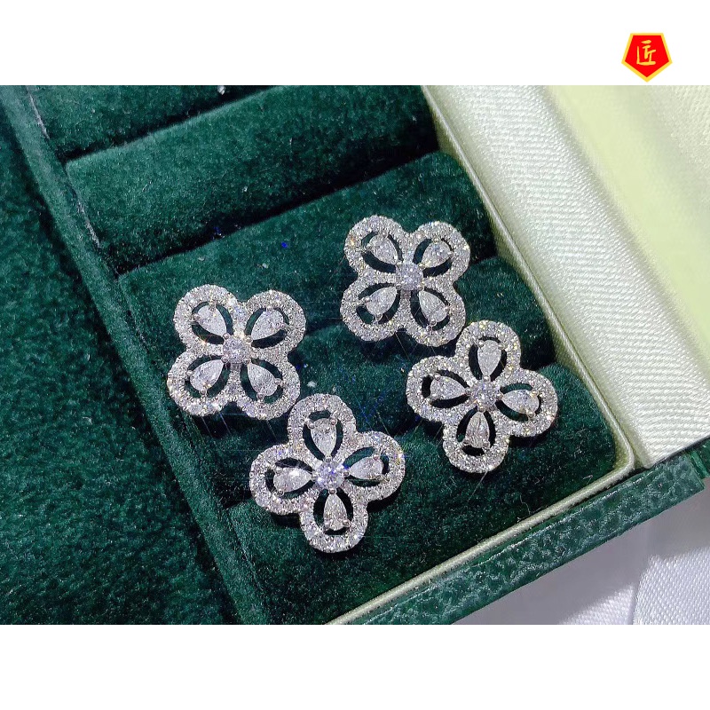 [Ready Stock]Fashion Four-Leaf Clover Moissanite Ear Stud Necklace