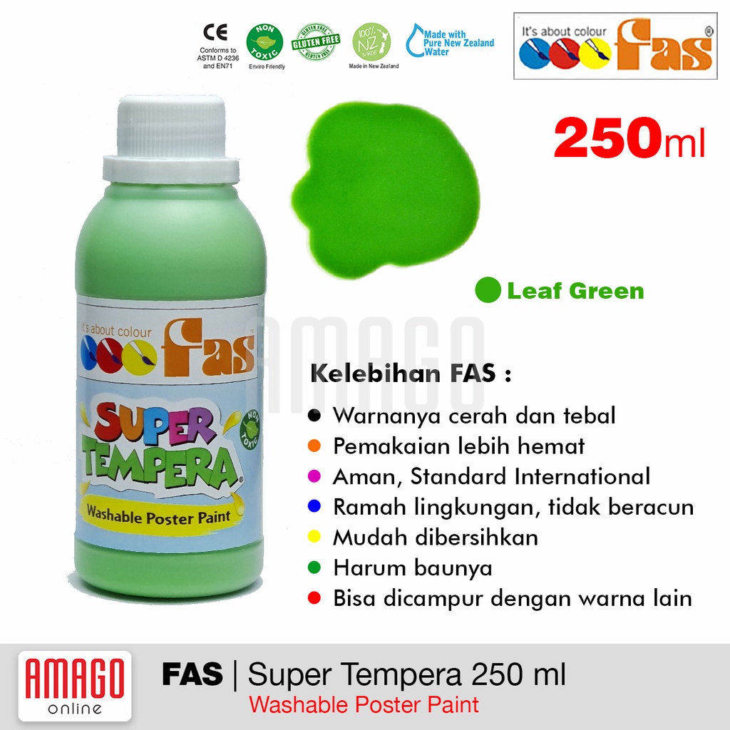 

FAS Super Tempera Washable Poster Paint Cat Lukis Cepat Kering Sekolah 250 ml - warna Leaf Green (Hijau Muda)