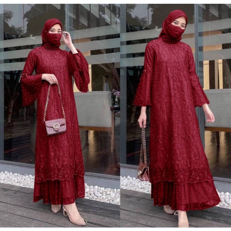 MAXY GELA, BRUKAT TILE FURING, GAMIS HIJAB MUSLIM, MAXY DRESS, 3 UKURAN