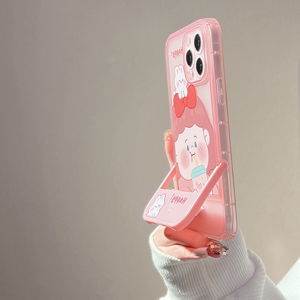 Case Pelindung Transparan Motif Gadis Pink Dengan Holder Untuk Iphone 11 8 7 Plus SE2 XS XR 12 13 PRO MAX