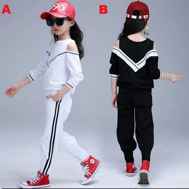 Setelan Anak Teenager Cutt Off shoulder WHITE/BLACK