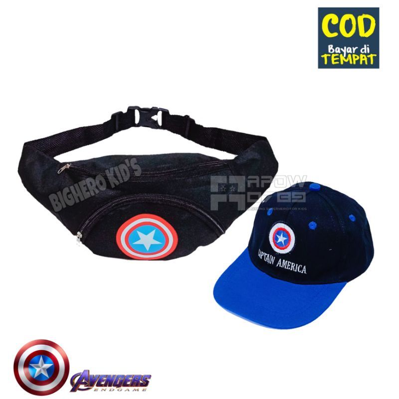 Paket 2in1 tas selempang waistbag anak dinir captain Amerika bonus topi baseball anak bordir