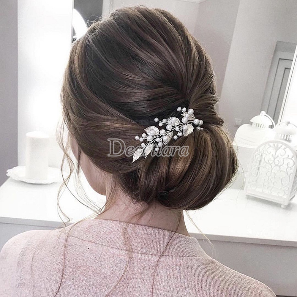 Bandana Rambut Desain Daun Warna Silver Hias Mutiara Untuk Pengantin Wanita