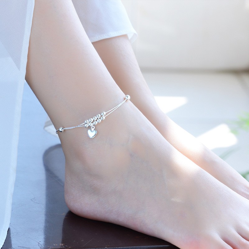 Gelang Kaki Rantai 925 Silver Double Layer Bentuk Hati Untuk Wanita