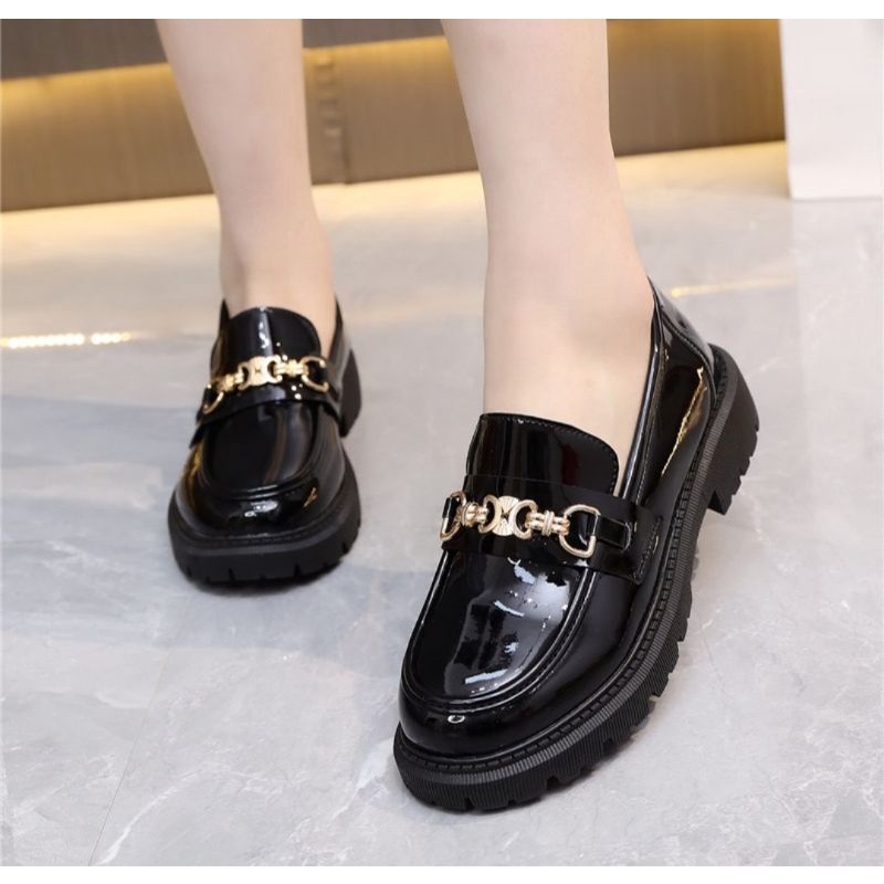 Sepatu Loafers Docmart Wanita Kasual import Premium Quality JH2388 Sepatu Flat Kulit Hitam Cewek Jessy 09 Kekinian gaya Korea 0972 Bisa Cod