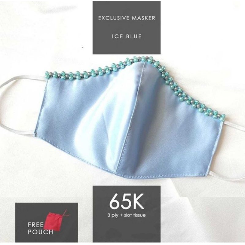 Masker Kain Satin Premium Pesta Fashion Mutiara ICE BLUE