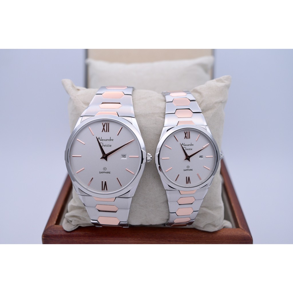 Alexandre Christie AC 8542 Silver Rose Gold Saphire Couple Edition Original