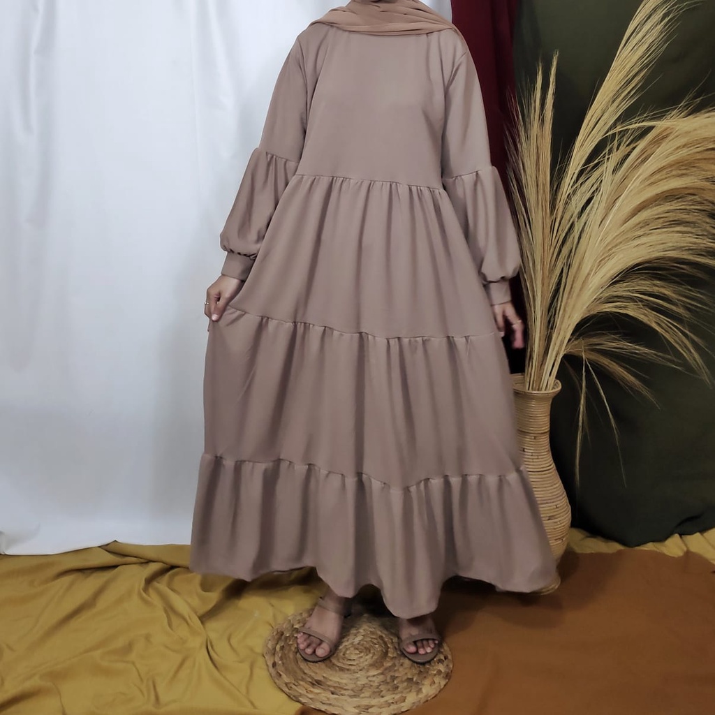 Gamis Wanita Lengan Panjang Fashion Muslim Devi Fit  L-XL Lingkar Dada 100cm Panjang 130cm-DEVI Mocca
