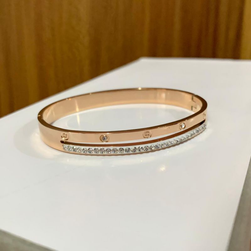 Gelang Tangan Bangle Titanium 2 Lapis Diamond Perhiasan Titanium Anti Karat Korea Import Premium Aks