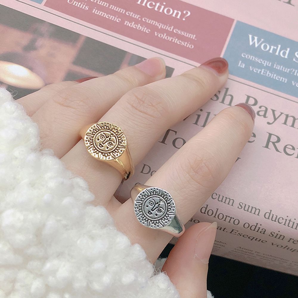 Needway  Gothic Finger Rings Vintage Sun Aesthetic Rings Eye Gift Flower Face Exaggeration For Men Women Fashion Jewelry