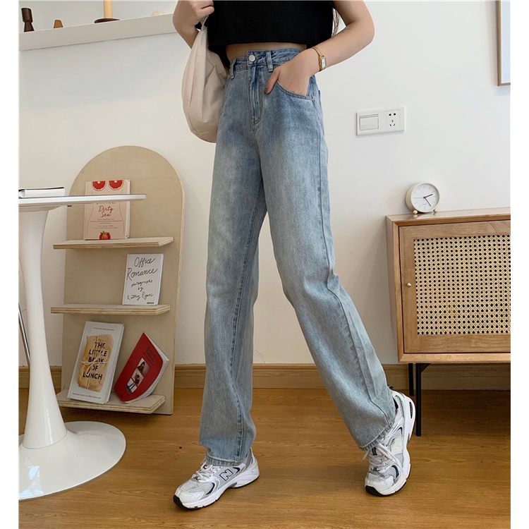 New Korean retro high-waist loose jeans straight-legged wide-legged celana panjang Wanita