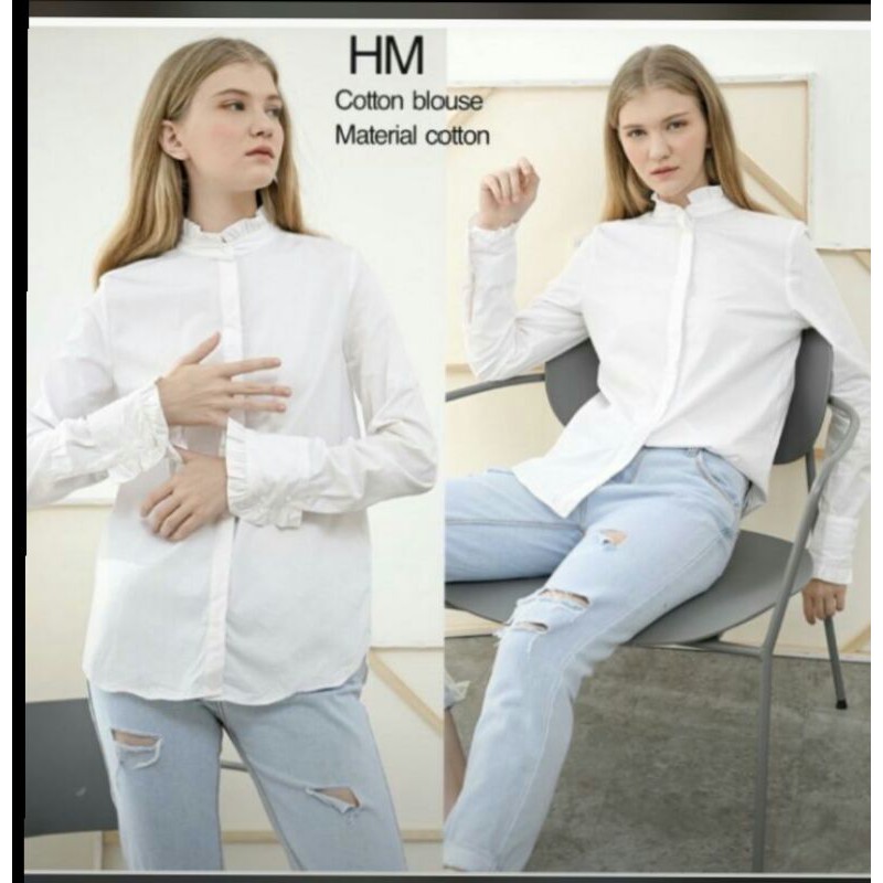 Kemeja Wanita Long - Sleeved Blouse H&M Super Halus & Lembut Original Branded-White Katun