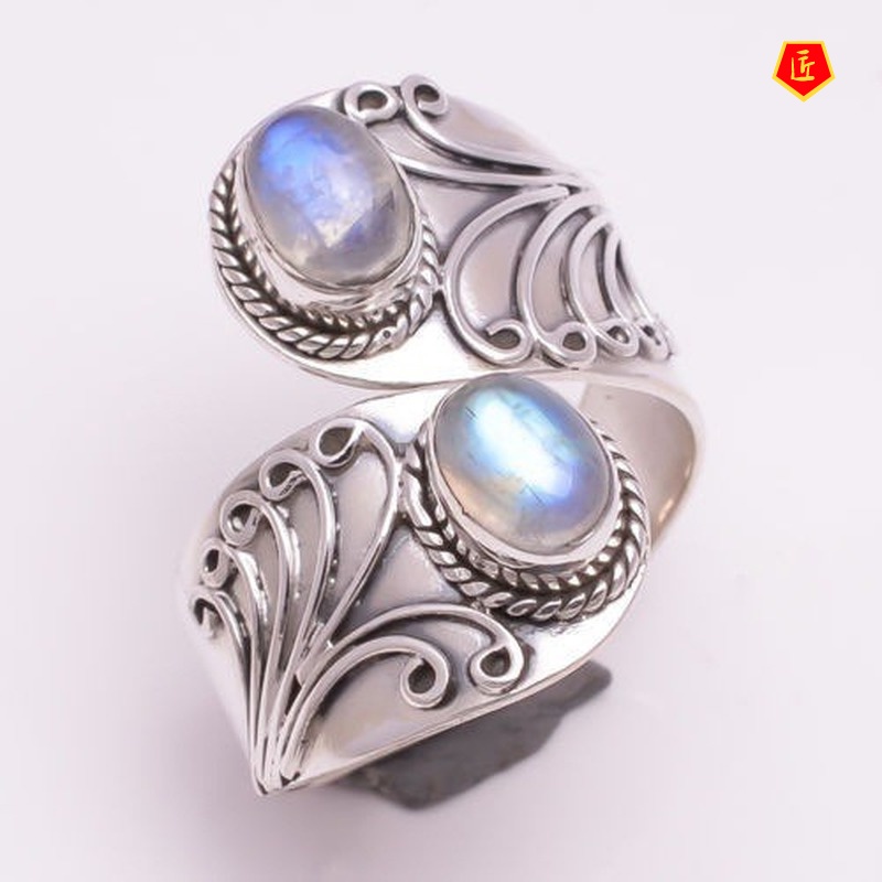 [Ready Stock]Colorful Moonstone Ring Female Exaggerated Carved Punk Style