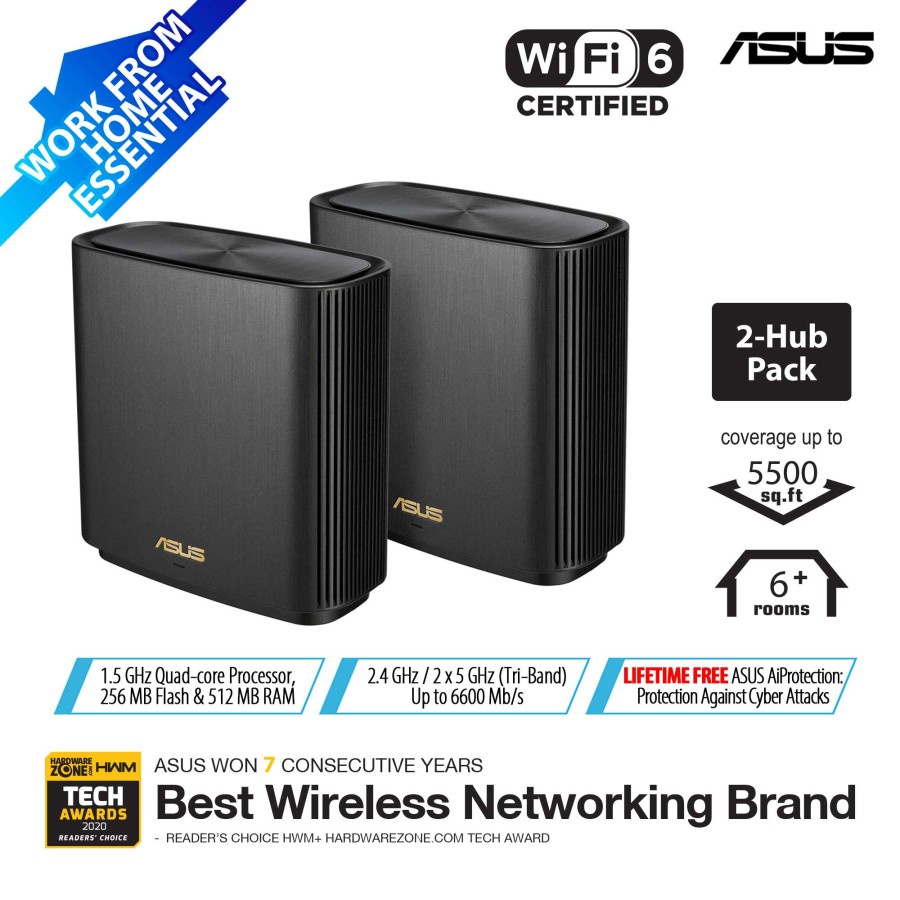 ASUS ZenWiFi AX XT8 Black AX6600 - 2 Pack Mesh WiFi 6 System