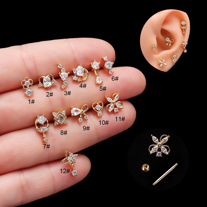 1pc Anting Tindik Tulang Rawan Telinga Bentuk Hati Ganda Bahan Stainless Steel 20Gauge Dengan Zircon