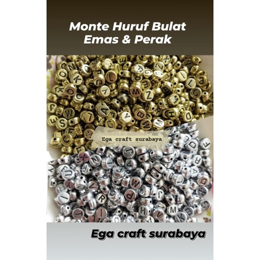 1 Pon Manik Huruf Bulat Metalik- Manik Huruf Bulat Emas - Manik Huruf Bulat Perak