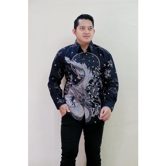 kemeja Batik Pria lengan panjang NAGA PUTIH Full Furing bahan Katun sragenan