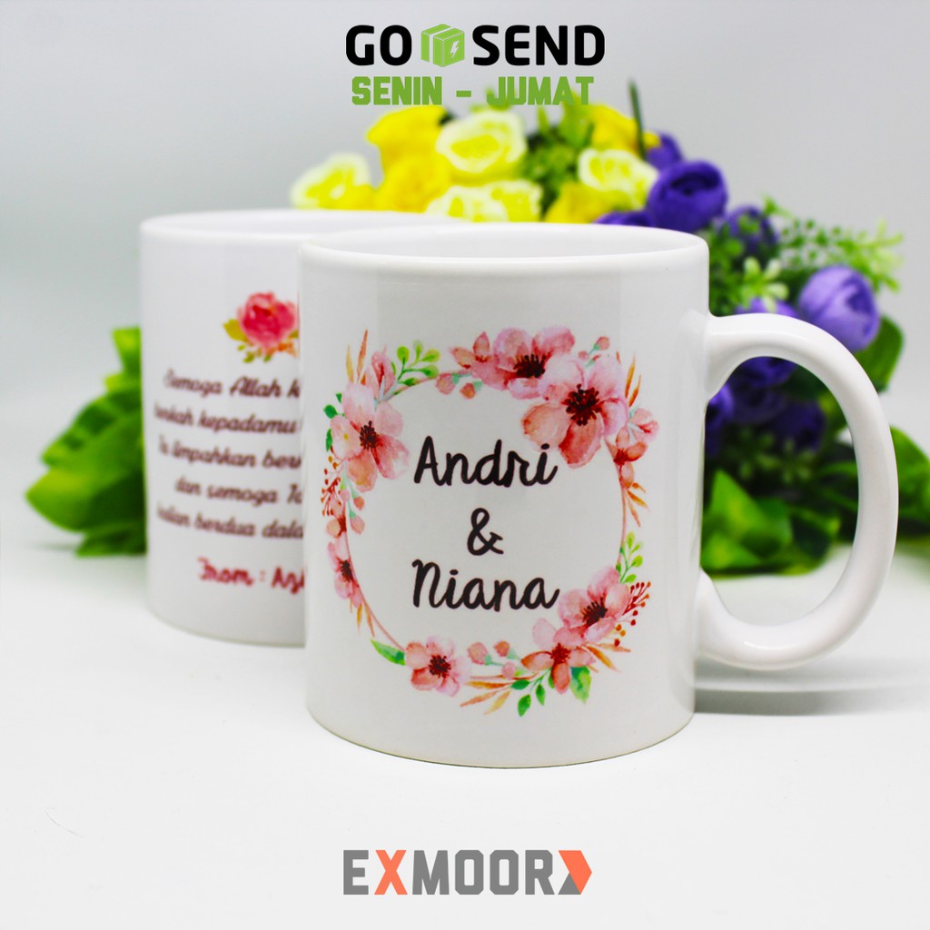 Mug Couple Wedding Floral Wreath Model D Kado Pernikahan