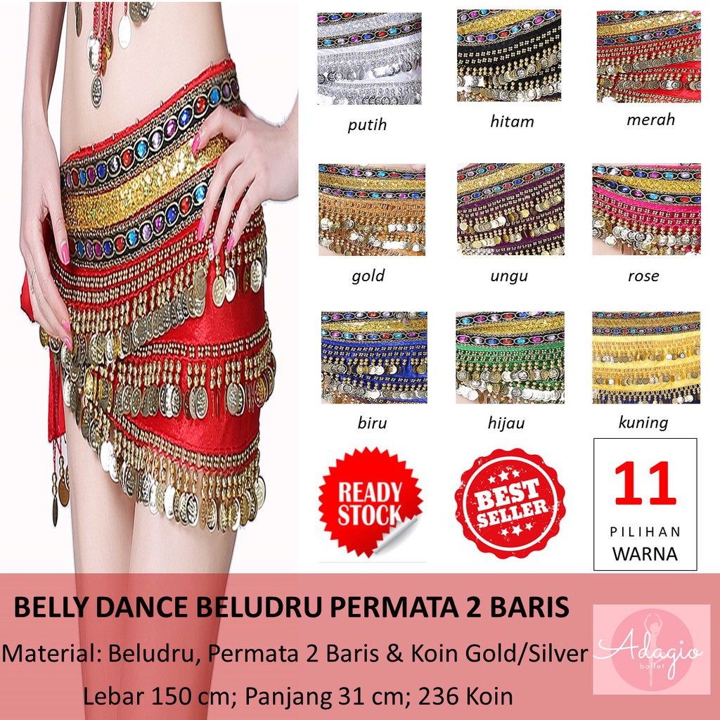 BELLY DANCE BELT HIP SCARF SELENDANG SABUK TARI PERUT BELUDRU TRIBAL DANCE PERMATA 2 BARIS KOIN
