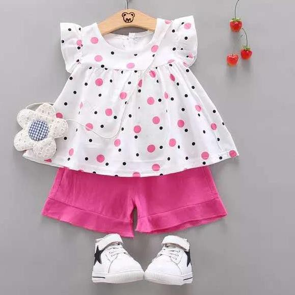 Setelan Anak Perempuan polkadot style kaos pendek+celana pendek set bayi cewek import .