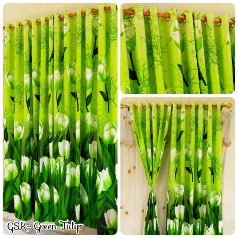 Gorden Pintu Gorden Jendela Minimalis Model Ring Smokering Bunga Tulip Hijau